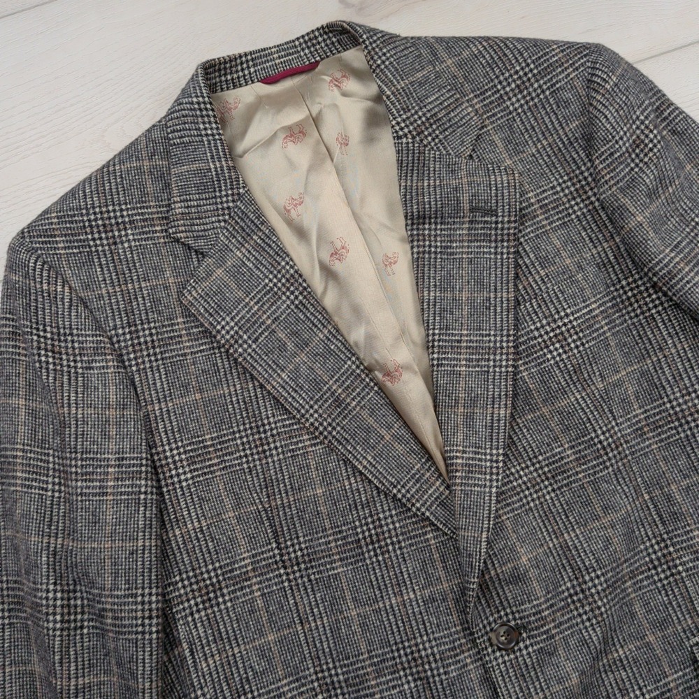 Jos A Bank 100% Camel Hair Blazer Mens 42R Gray Glen Plaid Sport Coat Vintage